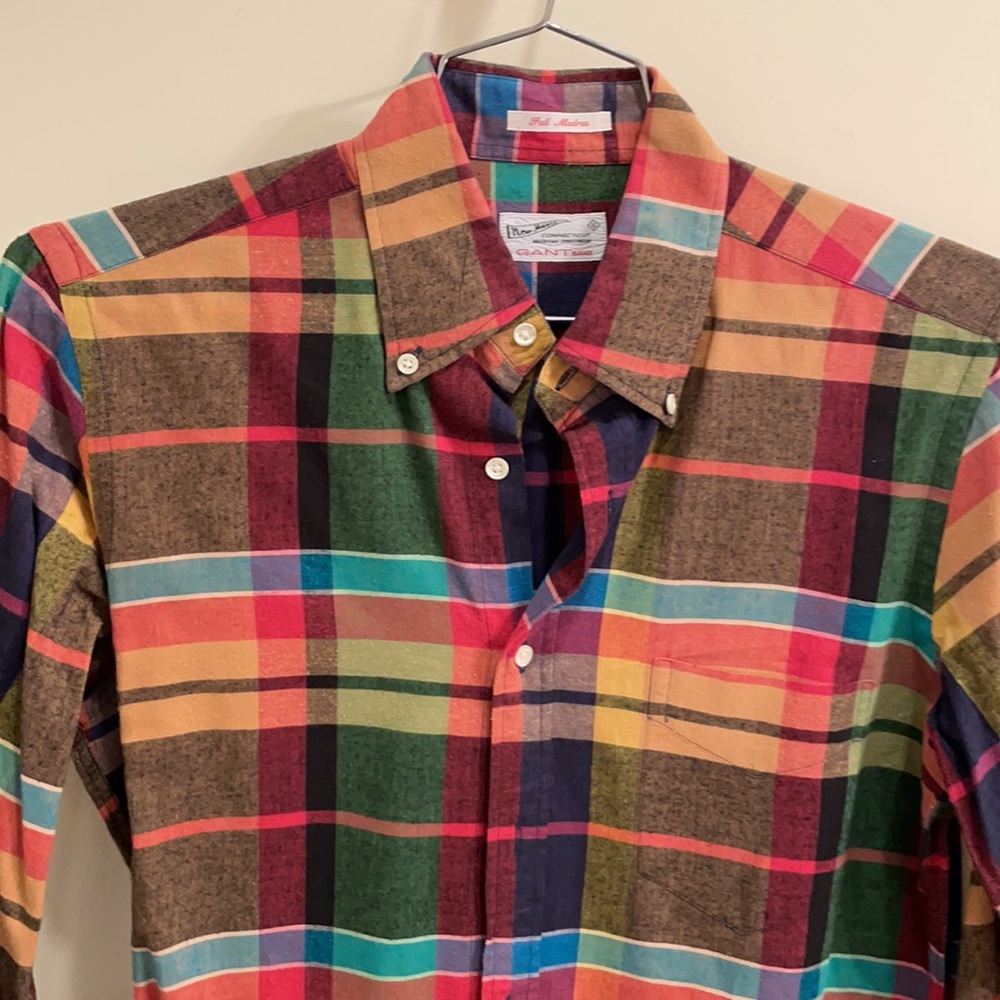 Multi-colored fall Madras longsleeve buttondown
